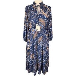 Cara Cara Tanglewood Dress Batik Navy Blue Midi Cinch Waist Long Sleeve Boho S